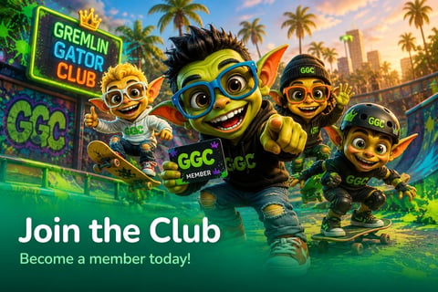 Four animated green alligators wearing baseball gear in a stadium setting with Join the Club membership call-to-action text