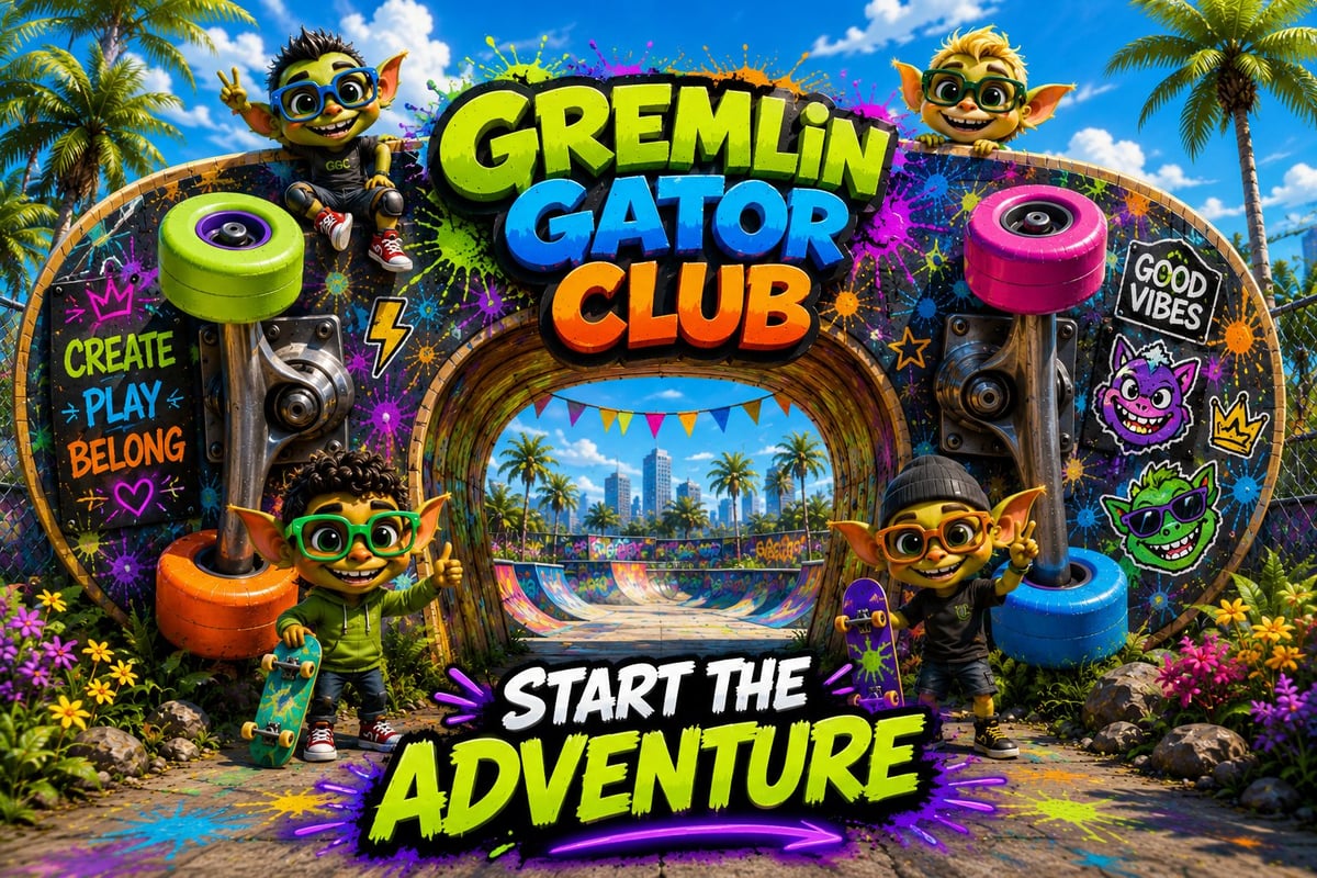 Gremlin Gator Club entrance with colorful animated characters, tropical setting, and START THE ADVENTURE text
