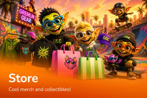 Animated gremlin characters with shopping bags and neon sign in colorful urban sunset setting