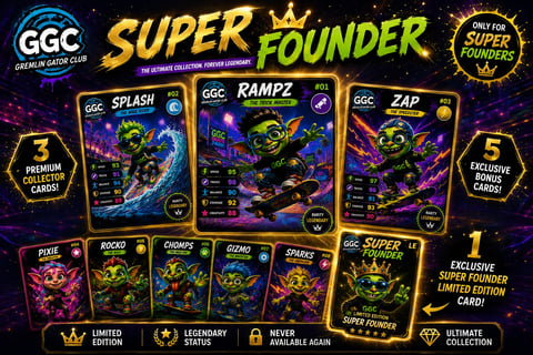 Trading card collection promotion featuring Super Founder series with premium cards, legendary status indicators, and exclusive bonus card offers