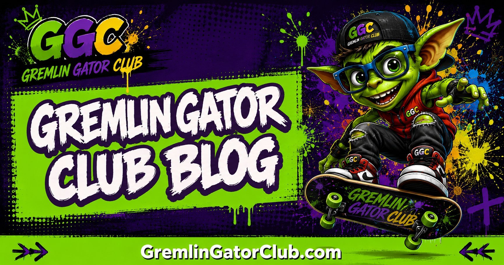 Gremlin Gator Club blog header with GREMLIN GATOR CLUB BLOG graffiti text in green box, gremlin skateboarder on the right, and GremlinGatorClub.com in green footer bar