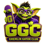 Cartoon gremlin character wearing purple glasses and holding a skateboard, with GGC Gremlin Gator Club logo in lime green and purple
