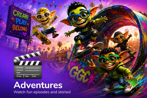 Animated yellow and black creatures in a vibrant purple cityscape with a film clapper board and text reading Adventures Watch fun episodes and stories