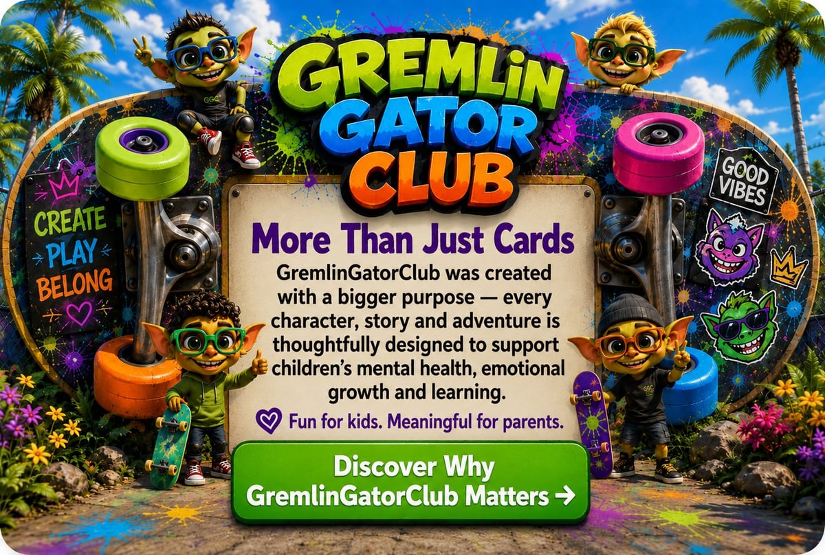 Gremlin Gator Club promotional graphic featuring colorful characters and palm trees with text about a card-based program supporting childrens mental health and learning