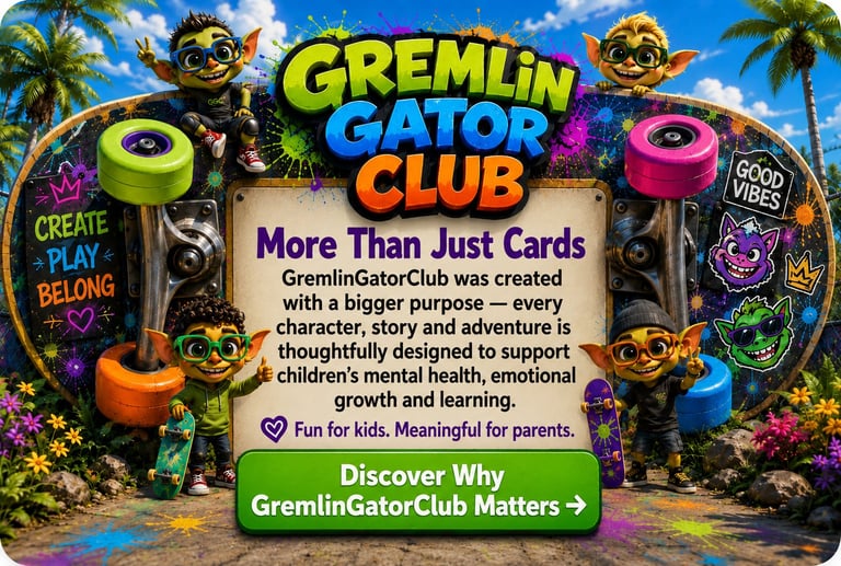 Gremlin Gator Club promotional graphic featuring colorful characters and palm trees with text about a card-based program supporting childrens mental health and learning