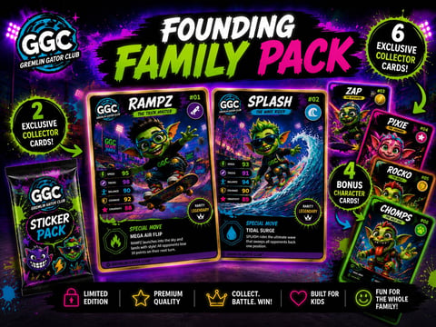 GGC Founding Family Pack trading card collection set with Rampz and Splash character cards, sticker pack, and bonus collectible items in neon purple packaging