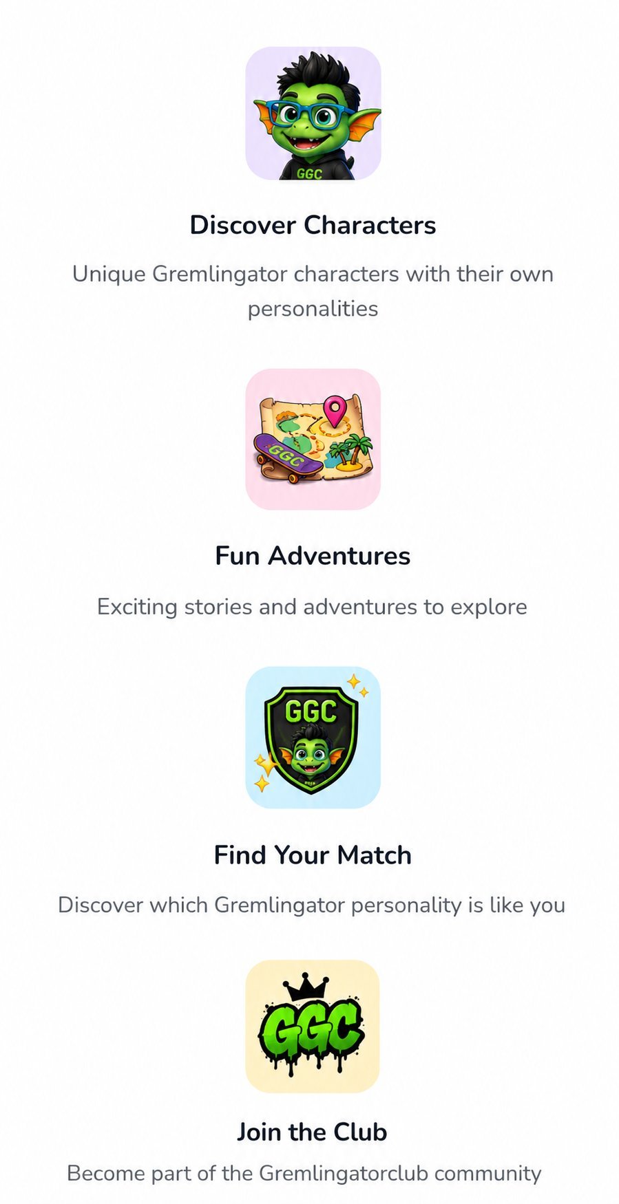 App features overview showing character discovery, adventures, personality matching, and community club with colorful Gremlingator-themed icons