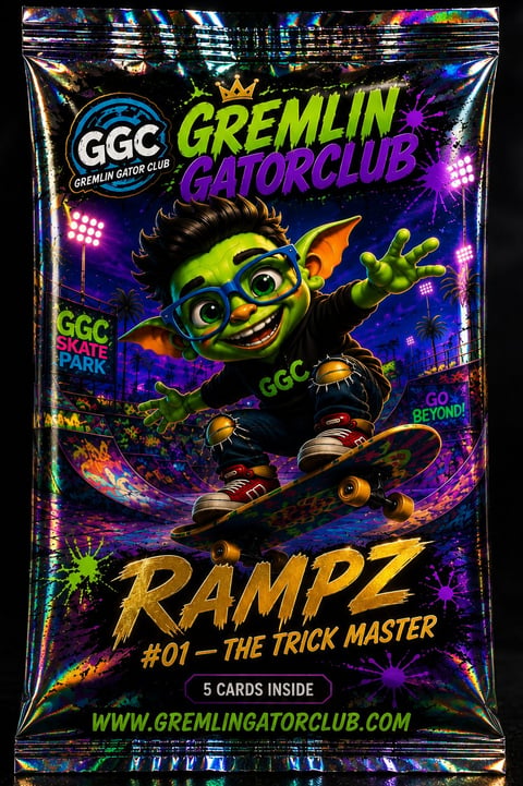 Gremlin Gator Club trading card pack featuring Rampz #01 The Trick Master with holographic skateboarding gremlin character