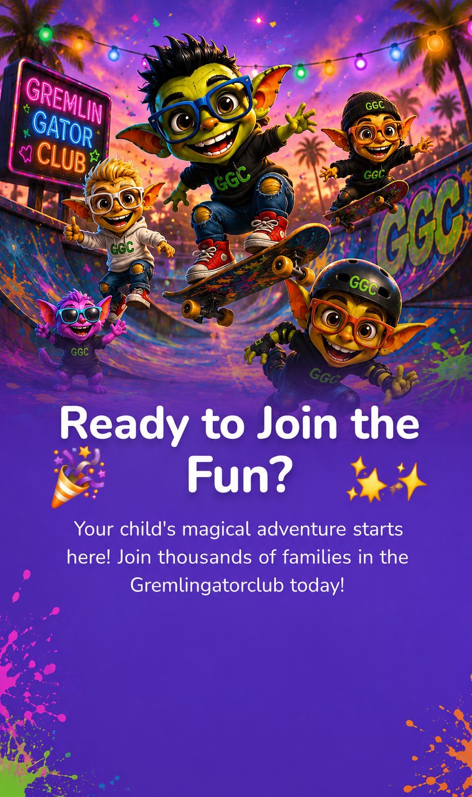 Colorful cartoon gremlins skateboarding with neon signs and palm trees in vibrant purple background, promoting Gremlin Gator Club membership for families