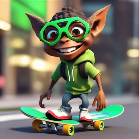 Cartoon elf character with green glasses and neon green hoodie riding a colorful skateboard on a blurred urban street