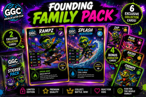 GGC Founding Family Pack trading card collection featuring Rampz, Splash, and other neon-styled character cards with 6 exclusive collector cards