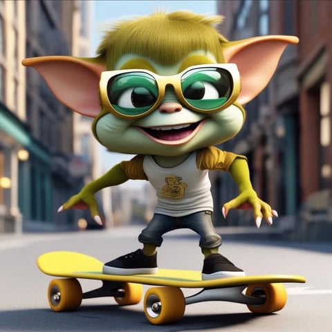 Animated yellow-skinned troll character with large pointy ears wearing oversized green sunglasses, standing on a yellow skateboard in an urban street setting