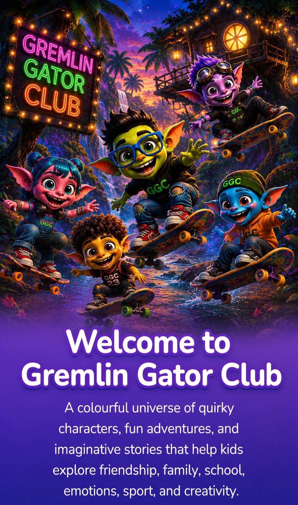 Colorful animated gremlin characters skateboarding at Gremlin Gator Club with neon sign and tropical setting
