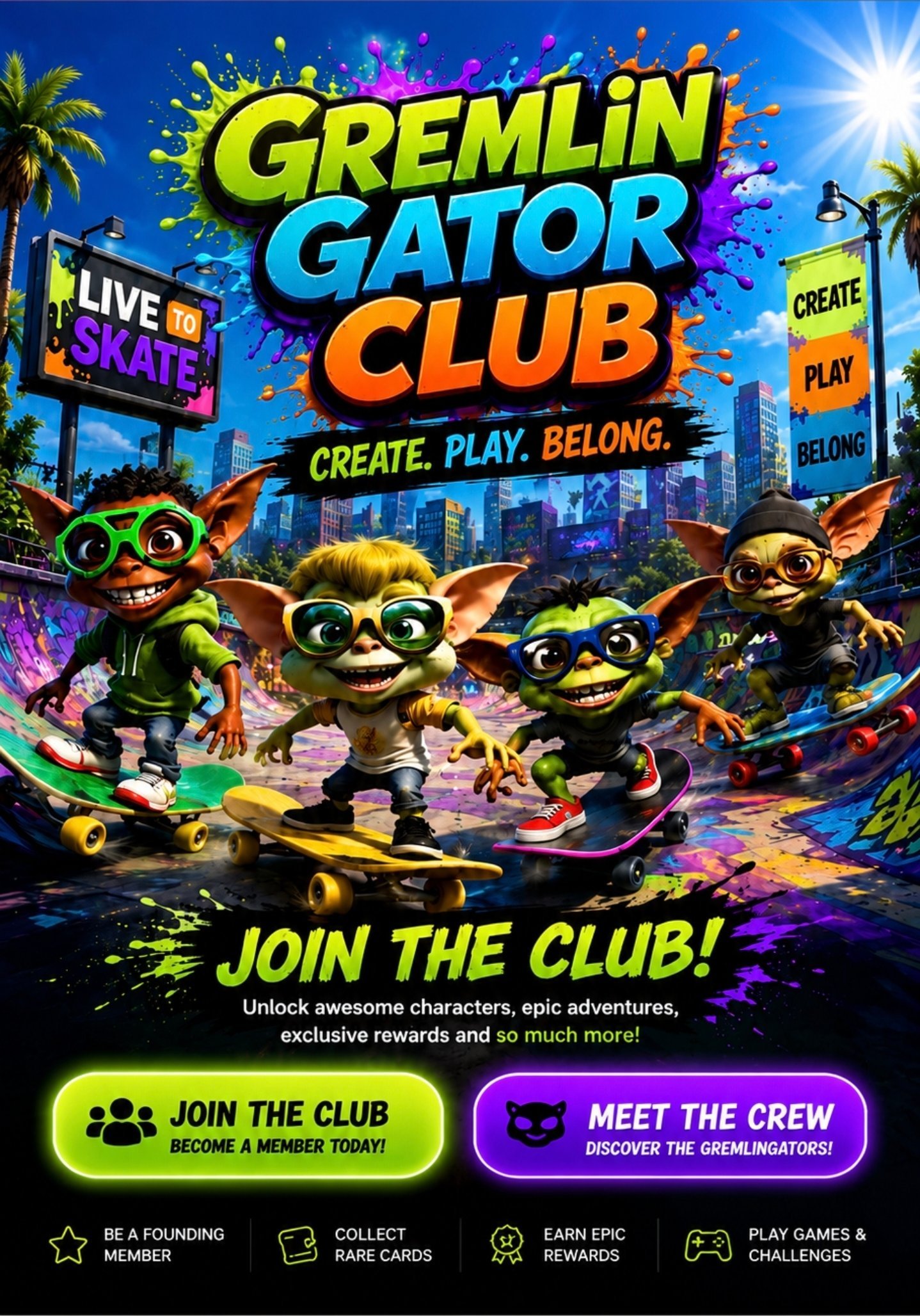 Gremlin Gator Club promotional poster featuring colorful animated gremlin characters on skateboards with vibrant neon cityscape background and membership call-to-action buttons