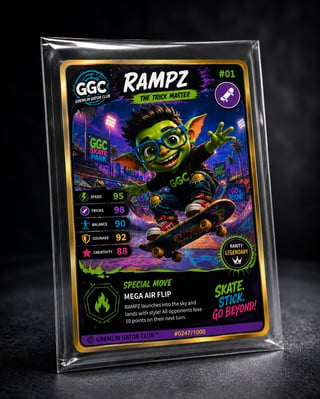 Graded trading card featuring Rampz the Trick Master character in vibrant neon colors on a skateboard, sleeved and displayed