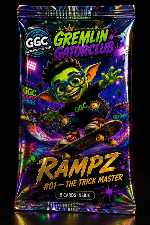 Gremlin Gator Club trading card pack featuring Rampz #01 The Trick Master character on skateboard