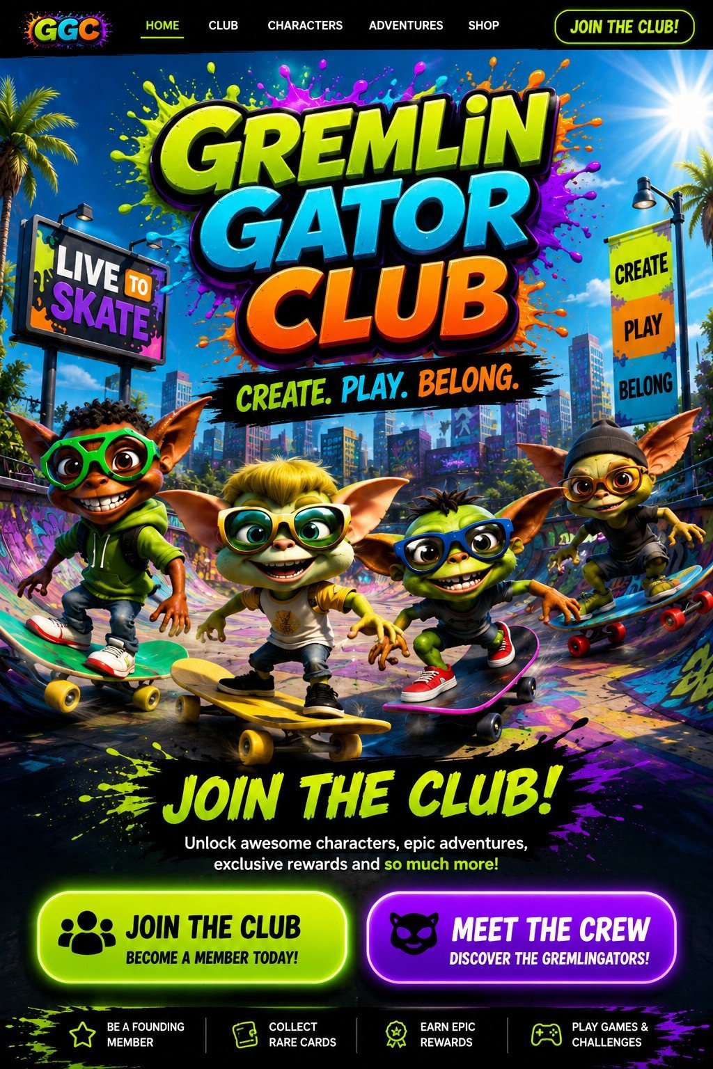 Gremlin Gator Club website homepage featuring cartoon gremlin characters on skateboards with colorful splashes and cityscape background