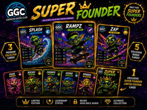 GGC Super Founder card collection featuring Splash, Rampz, and Zap holographic trading cards with premium and exclusive variants